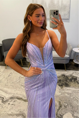 Sparkly Lilac Spaghetti Straps Long Beaded Prom Dress with Side Slit