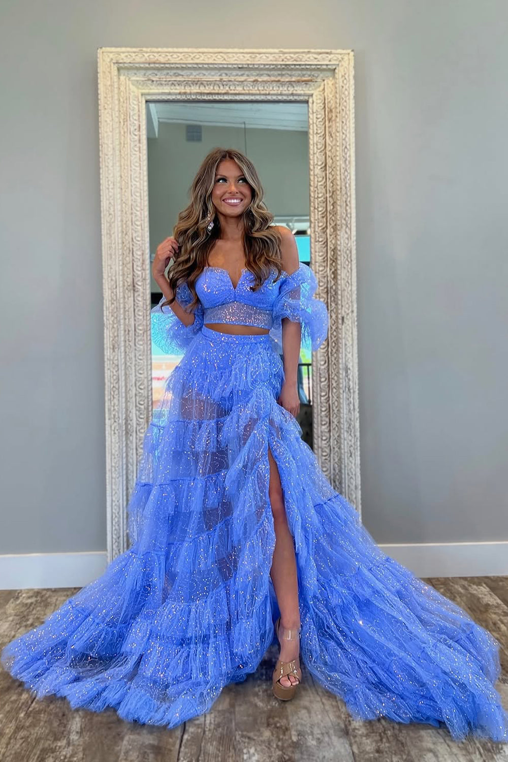 Sparkly Lovely Blue Tulle Gown with Off the Shoulder Design and Slit Prom Dress