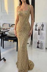 Sparkly Mermaid Halter Neck Gold Sequins Long Prom Dress with Ruched