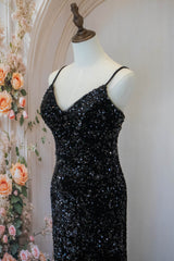 Sparkly Mermaid Spaghetti Straps Black Sequins Long Prom Dress with Criss Cross Back