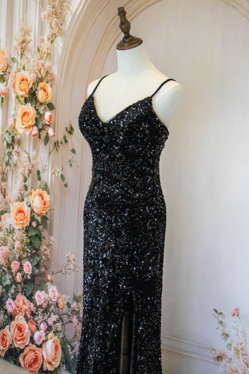 Sparkly Mermaid Spaghetti Straps Black Sequins Long Prom Dress with Criss Cross Back
