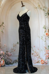 Sparkly Mermaid Spaghetti Straps Black Sequins Long Prom Dress with Criss Cross Back