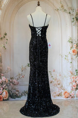 Sparkly Mermaid Spaghetti Straps Black Sequins Long Prom Dress with Criss Cross Back