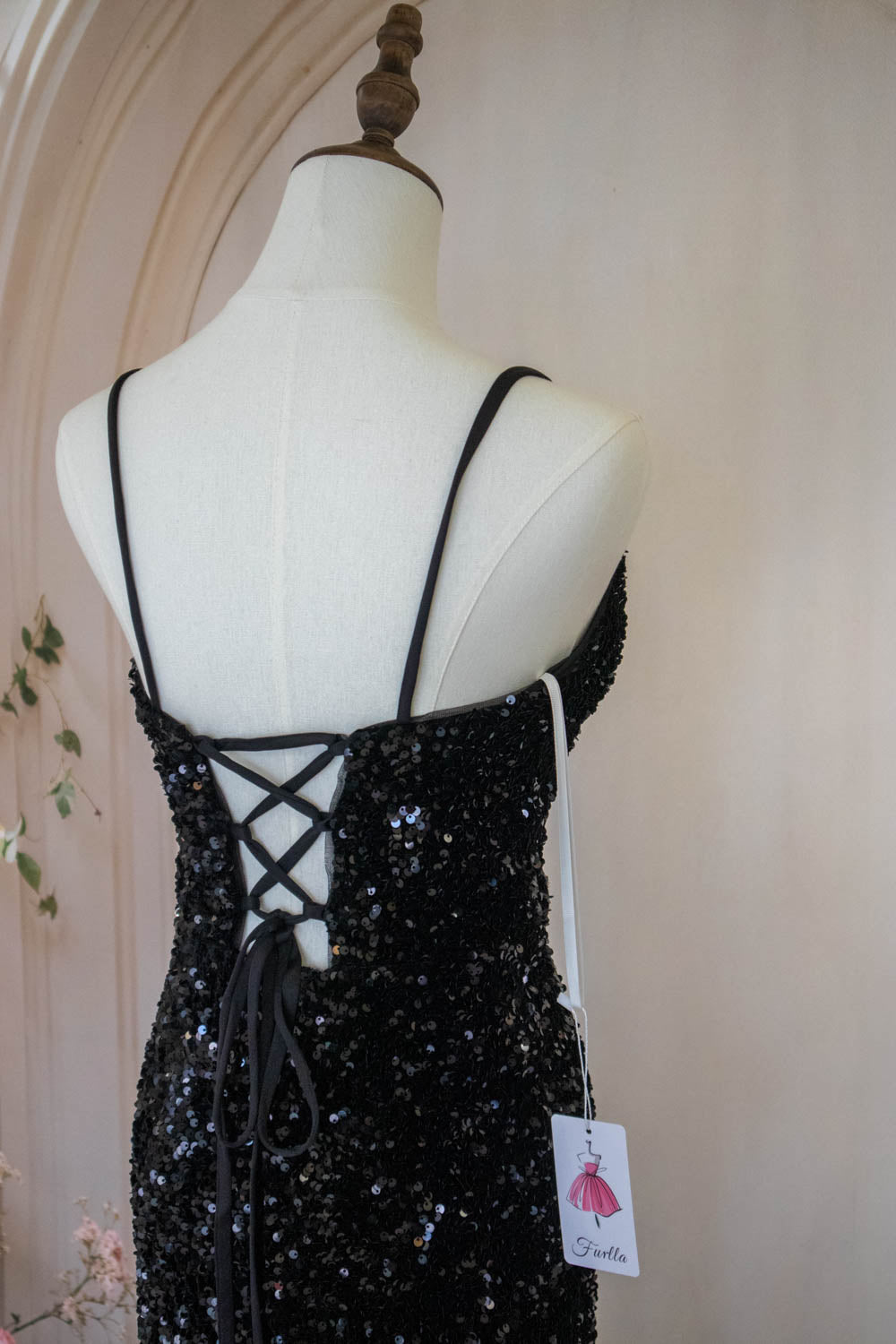 Sparkly Mermaid Spaghetti Straps Black Sequins Long Prom Dress with Criss Cross Back