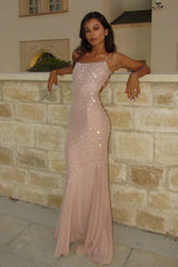 Sparkly Mermaid Spaghetti Straps Light Champagne Long Party Dress with Beading