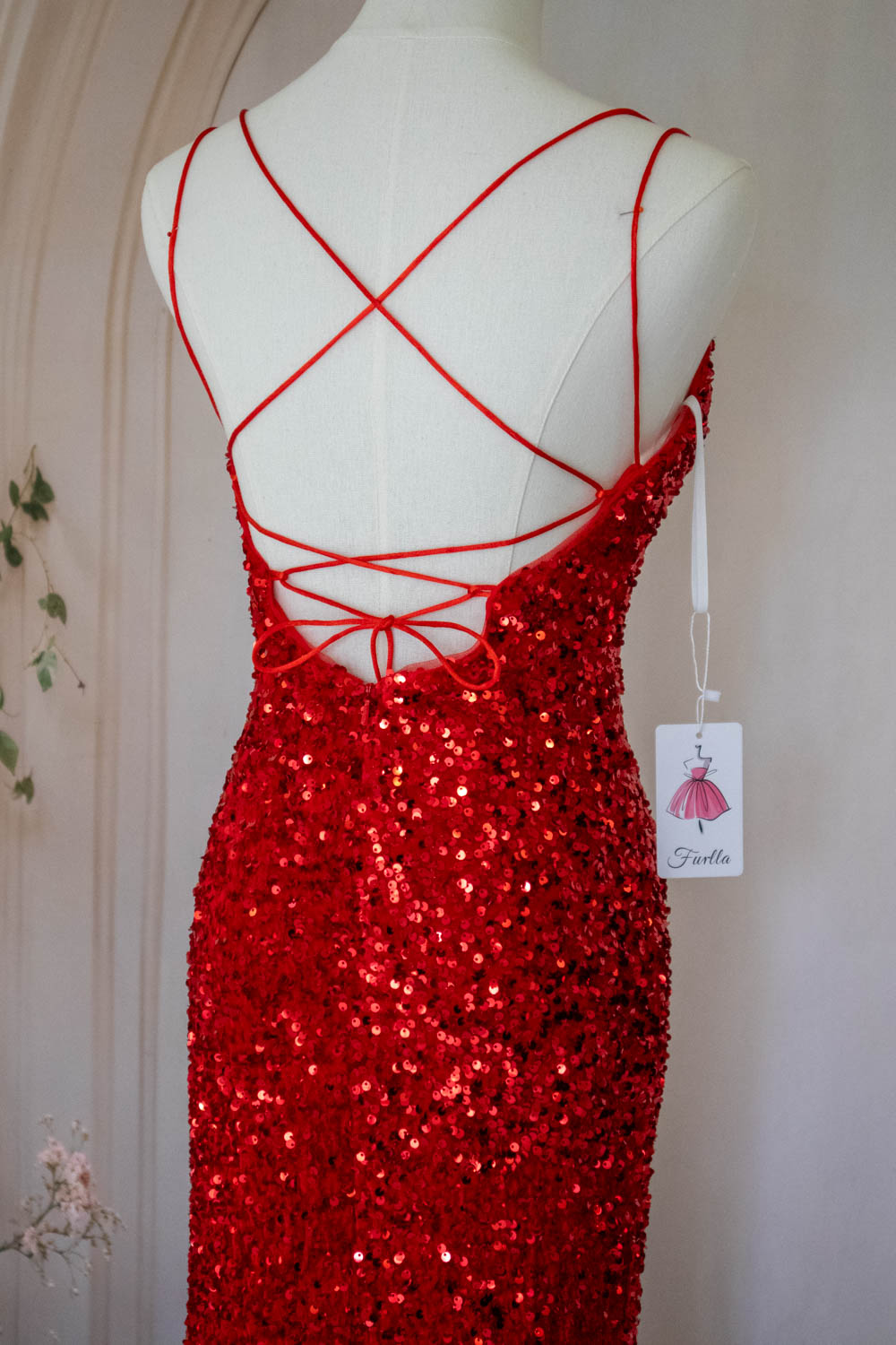 Sparkly Mermaid Spaghetti Straps Red Sequins Long Prom Dress with Criss Cross Back