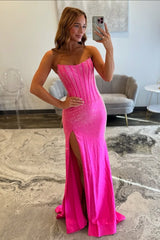 Sparkly Mermaid Strapless Hot Pink Long Prom Dress with Beading Split Front