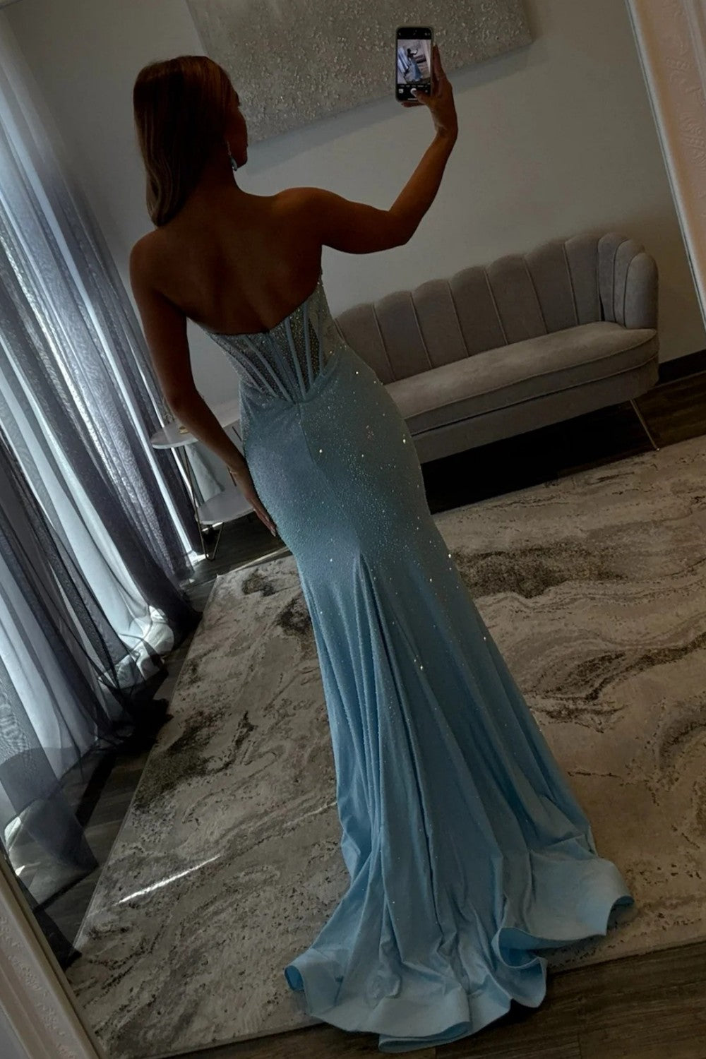 Furlla Women Light Blue Corset Prom Dress Sparkly Mermaid Strapless
