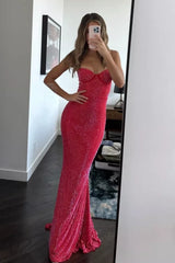 Sparkly Mermaid Sweetheart Red Long Prom Dress with Beading