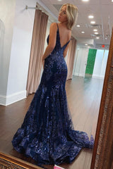 Sparkly Navy Blue Mermaid Spaghetti Strap Long Sequin Prom Dress