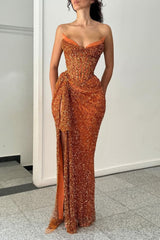 Sparkly Orange Strapless Sequin Prom Dress with Corset and Slit