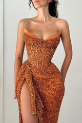 Sparkly Orange Strapless Sequin Prom Dress with Corset and Slit
