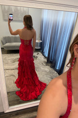 Sparkly Red Mermaid Halter Prom Dress with High Slit and Tiered Ruffle Skirt