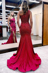 Sparkly Red One-Shoulder Sequin Mermaid Prom Dress with Slit