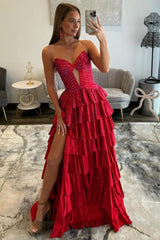 Sparkly Red Strapless Lace Up Tiered Ruffle Prom Dres with Cutout and Slit