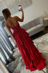 Sparkly Red Strapless Lace Up Tiered Ruffle Prom Dres with Cutout and Slit