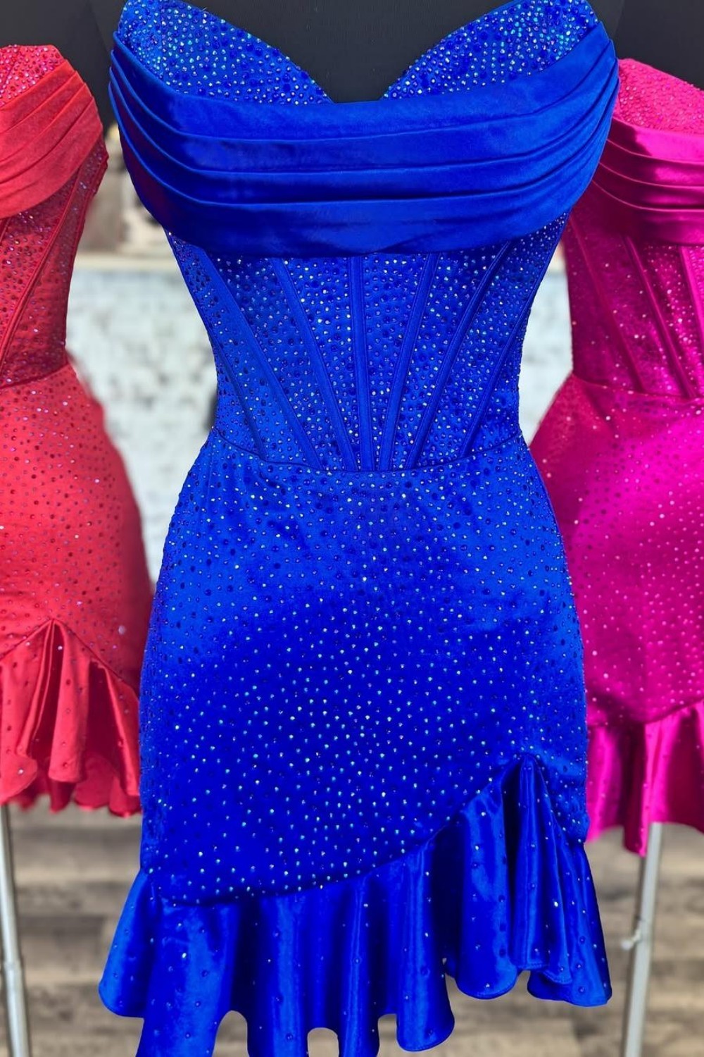 Glitter Strapless Satin Homecoming Dress with Beading and Ruffled Hem