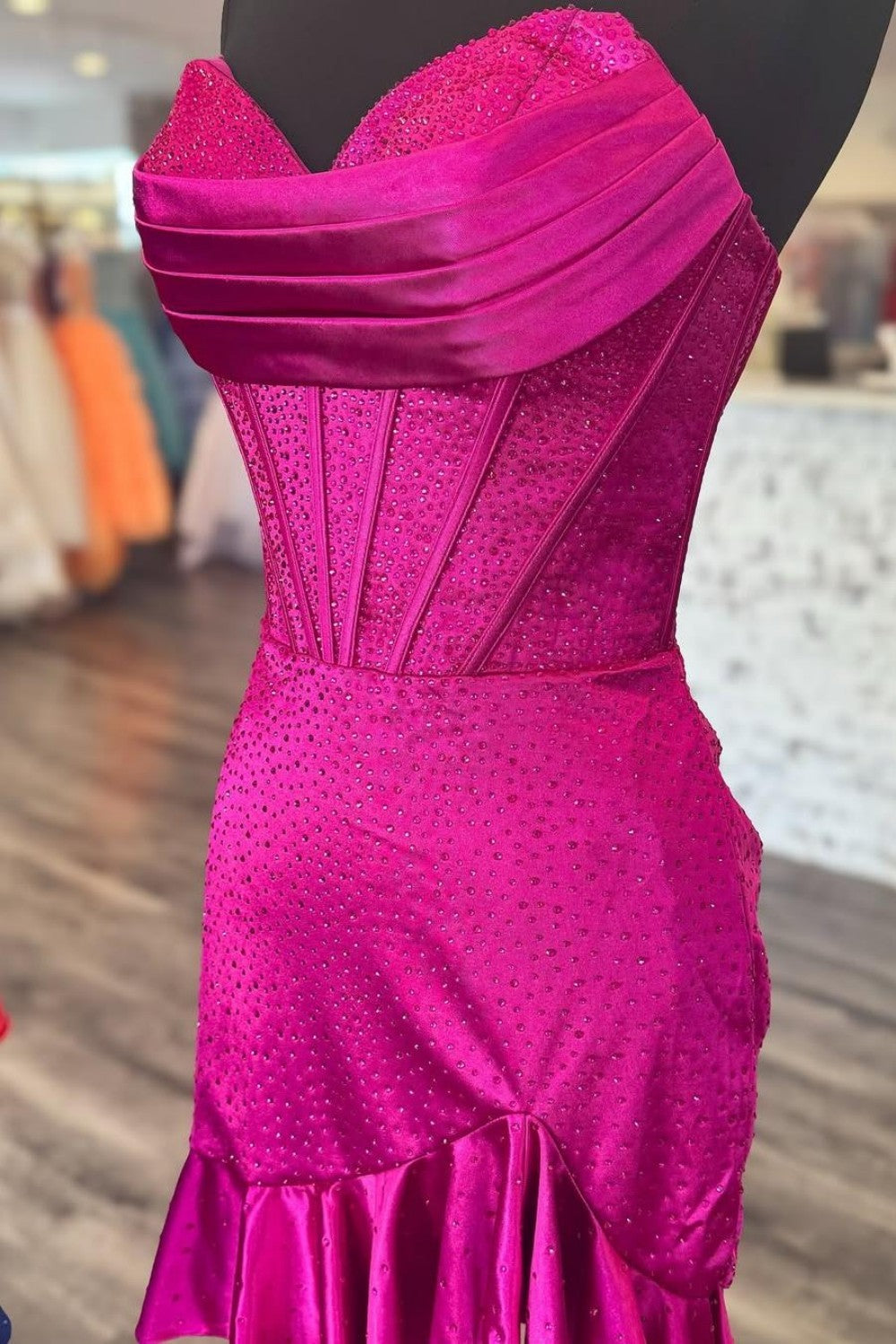 Glitter Strapless Satin Homecoming Dress with Beading and Ruffled Hem