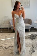 Sparkly Silver Beaded Mermaid Prom Dress with Deep V-Neck and Front Slit