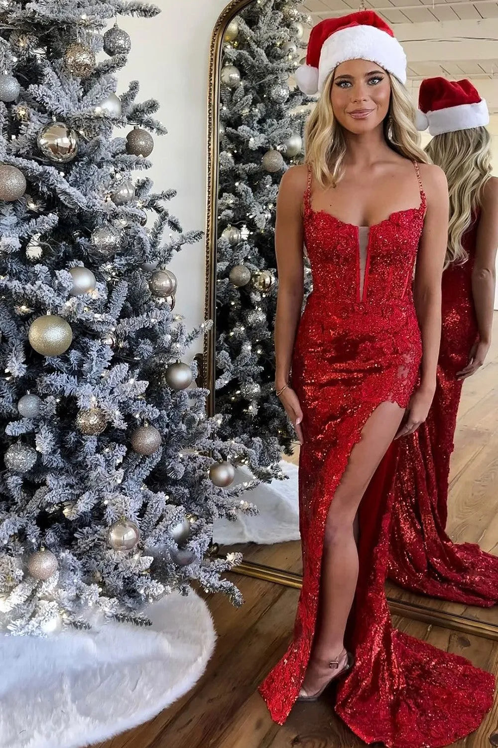 Sparkly Mermaid Prom Dress with Spaghetti Straps Lace Up Back Corset Bodice and Slit
