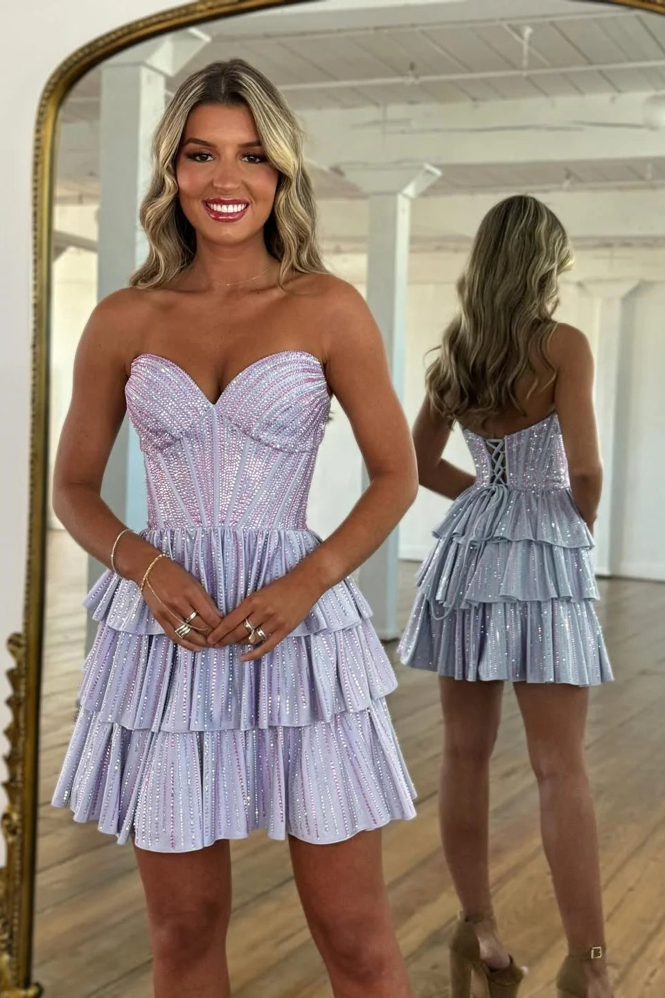 Gorgeous A-Line Silhouette with Sweetheart Neckline and Tiered Beaded Skirt Homecoming Dress