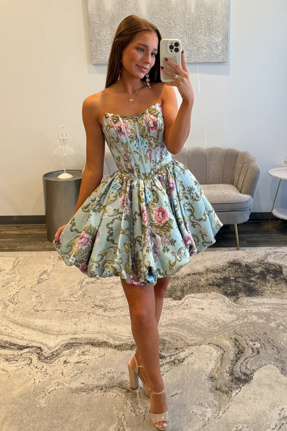 Strapless A-Line Floral Print Corset Homecoming Dress with Flared Skirt