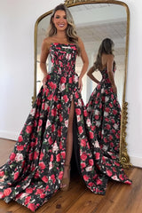 Strapless Black Floral A-Line Prom Dress with Corset Bodice & High Slit