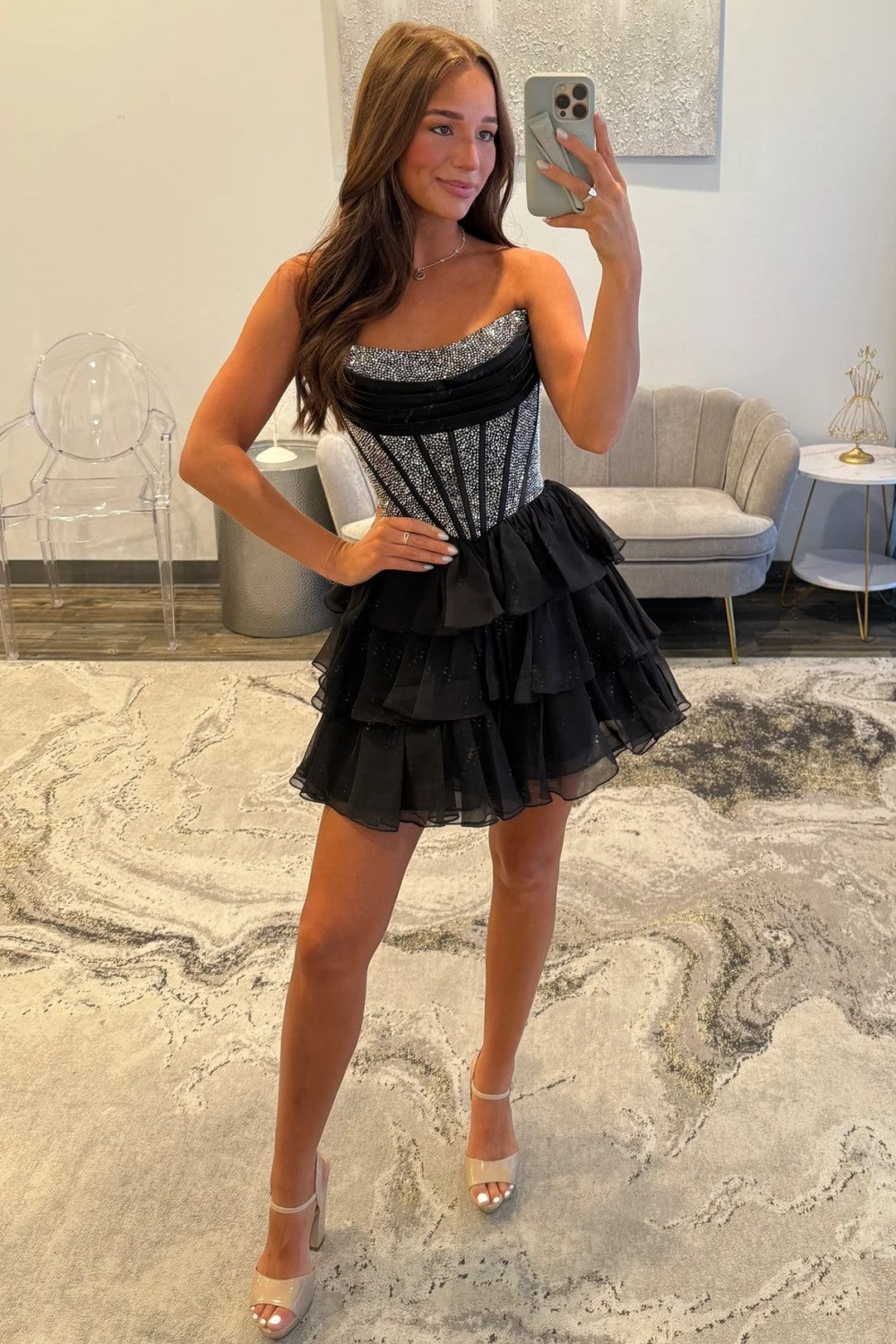 Strapless Corset Homecoming Dress with Beading Detail and Tiered Tulle Skirt