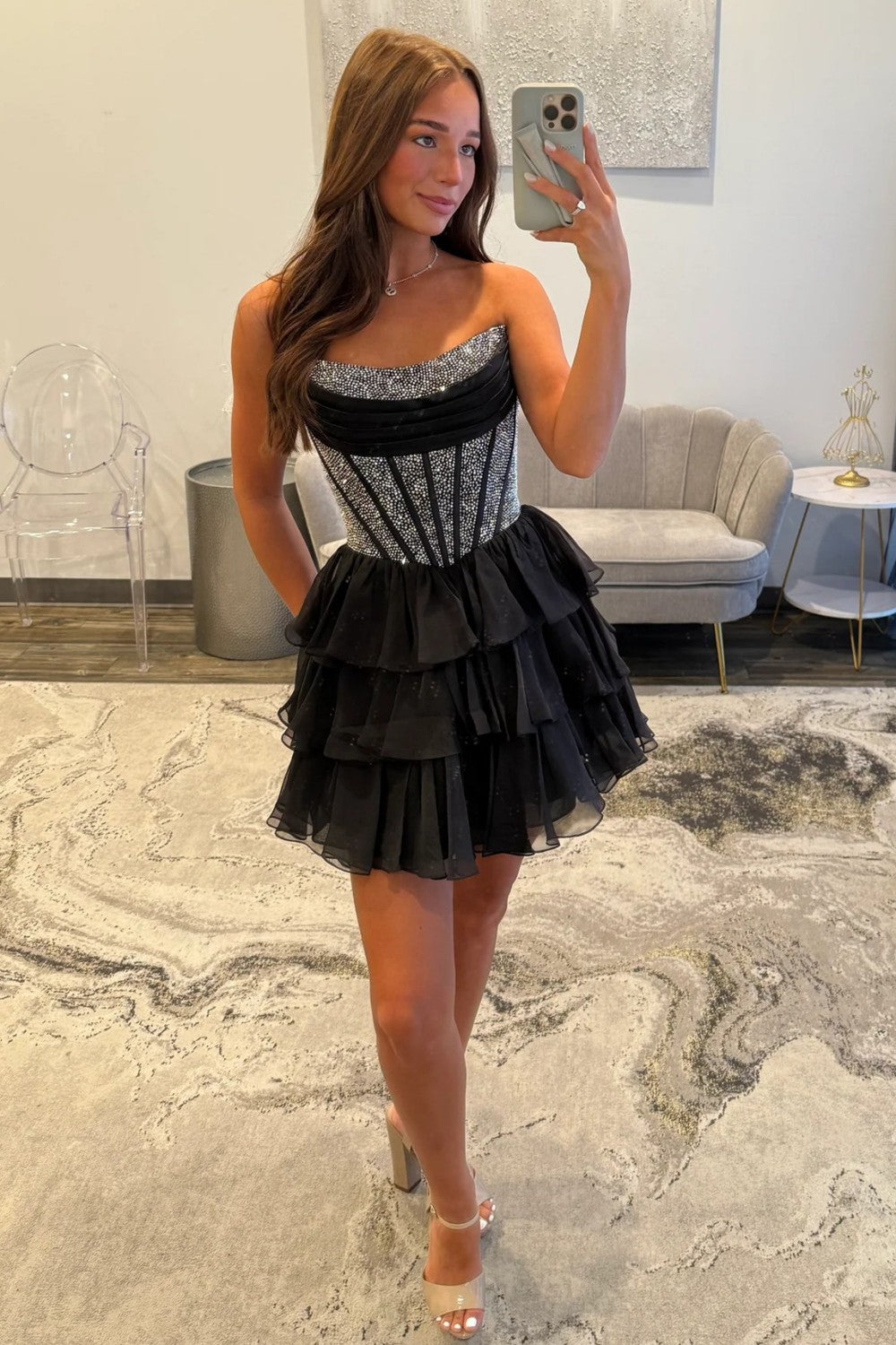 Strapless Corset Homecoming Dress with Beading Detail and Tiered Tulle Skirt