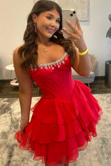 Strapless Corset Homecoming Dress with Rhinestone Trim & Tiered Ruffle Skirt