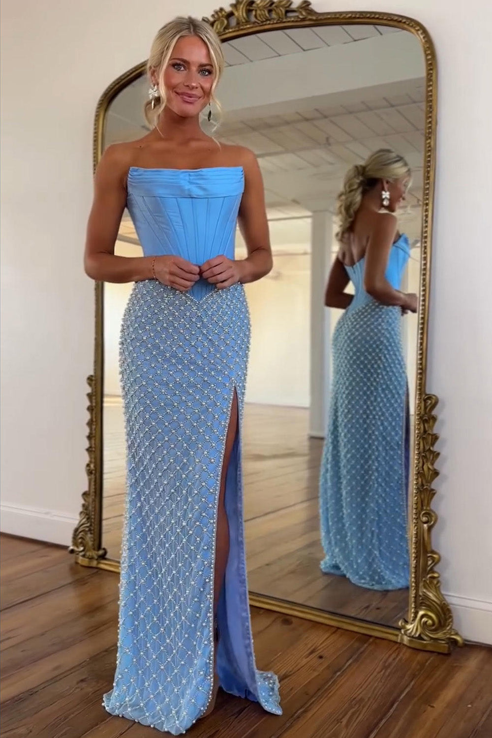 Strapless Corset Prom Dress in Blue with Pearl Beading & High Slit