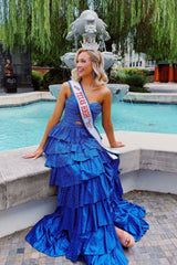 Strapless Hot Fix Prom Dress with Keyhole Bodice Ruffle Skirt Slit and Lace Up Back