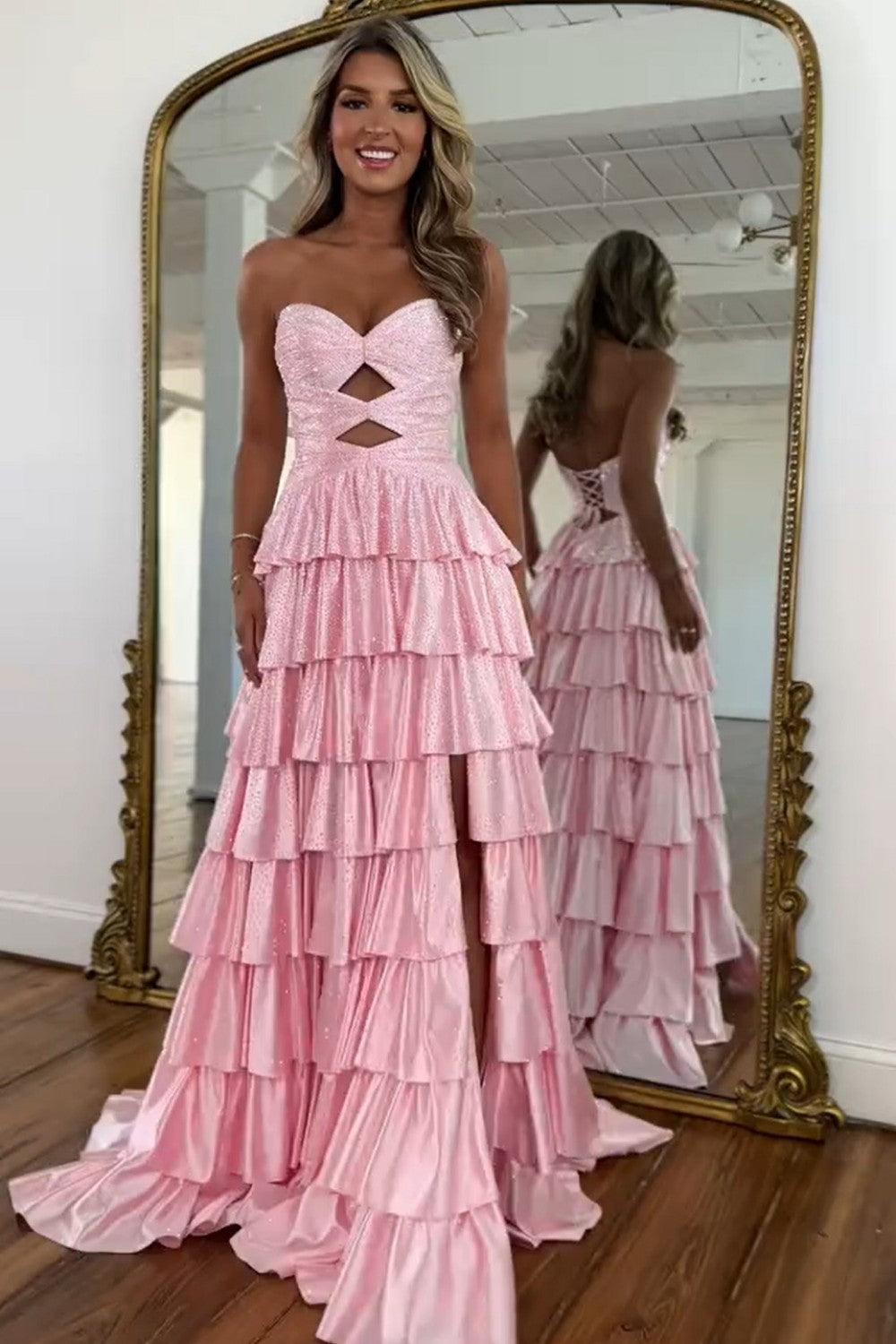 Strapless Hot Fix Prom Dress with Keyhole Bodice Ruffle Skirt Slit and Lace Up Back