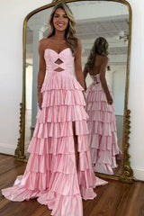Strapless Hot Fix Prom Dress with Keyhole Bodice Ruffle Skirt Slit and Lace Up Back