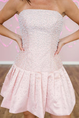 Strapless Mini Homecoming Dress with Pearl Embellished Bodice and Bubble Skirt
