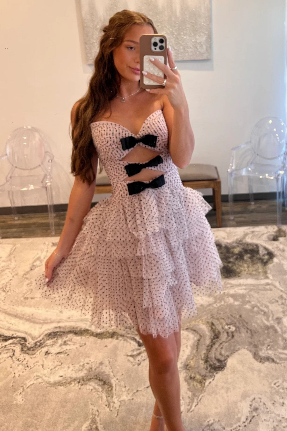 Strapless Pink Polka Dot Homecoming Dress with Cutout Bows and Tiered Skirt