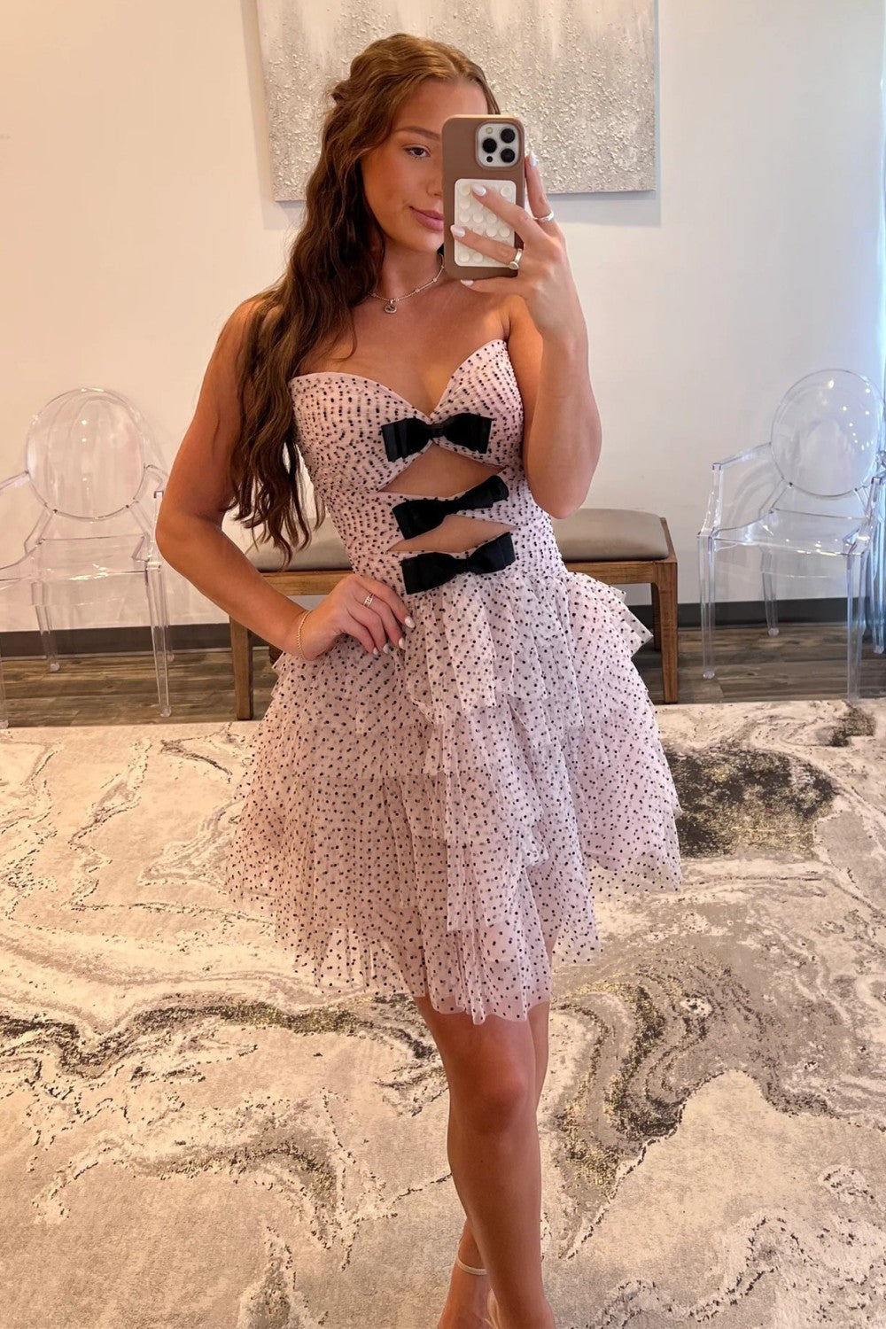 Strapless Pink Polka Dot Homecoming Dress with Cutout Bows and Tiered Skirt