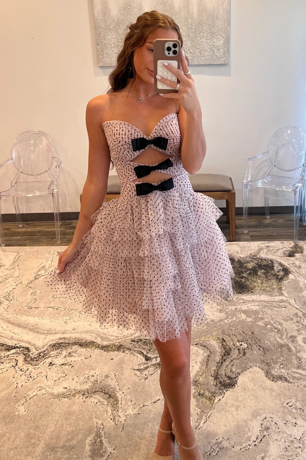 strapless cutout ruffle dress in pink Annabella Strapless Tied Back Frill Hem Mini Dress Baby Pink