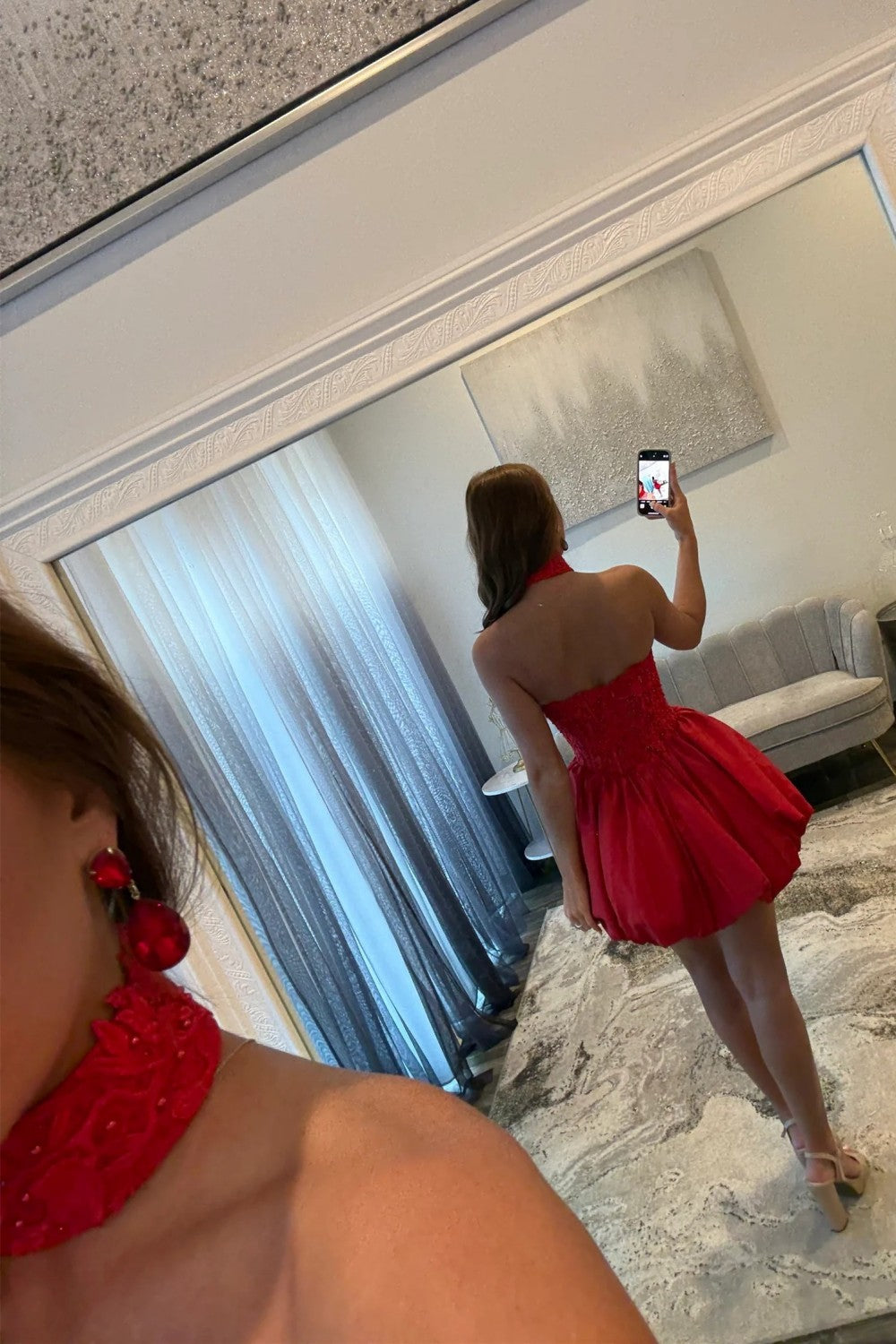 Furlla Women Strapless Red Lace Corset Homecoming Dress with Bubble Hem