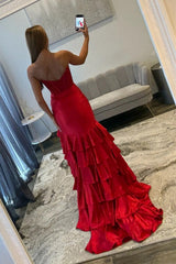 Strapless Red Prom Dress with Beaded Corset Bodice and Tiered Ruffle Skirt