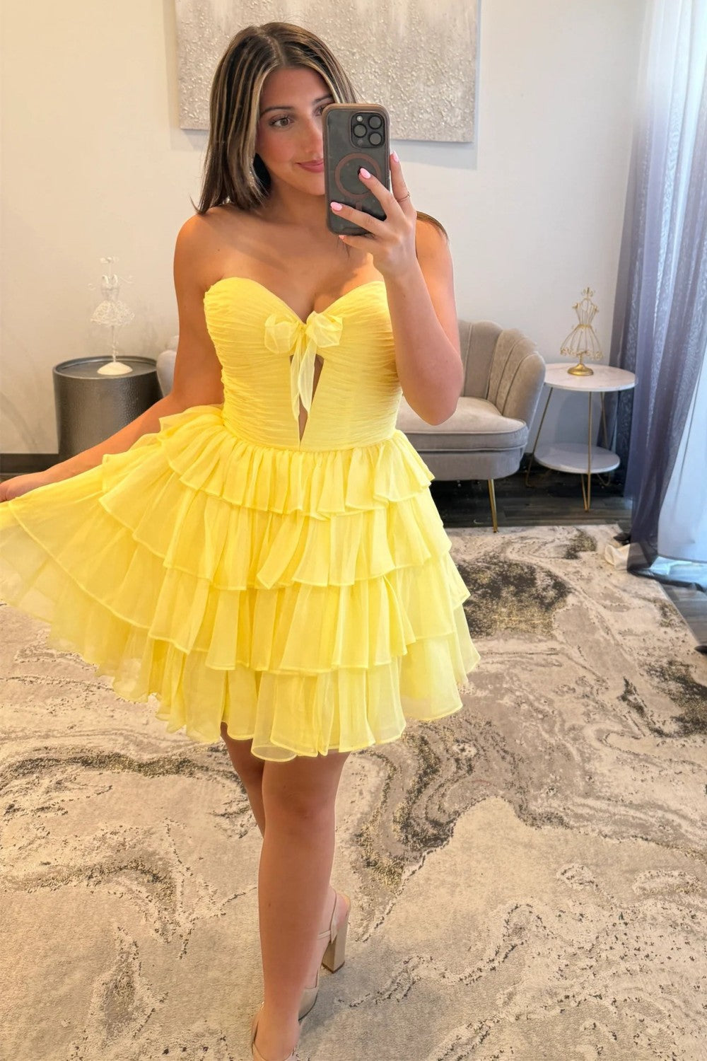 Strapless Red Ruffle Tiered Homecoming Dress with Front Bow Detail