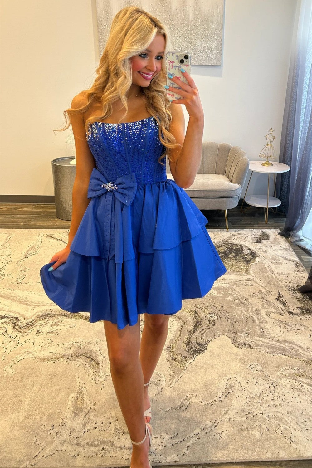 Strapless Royal Blue Tiered Homecoming Dress with Beading Bodice and Bow Detail