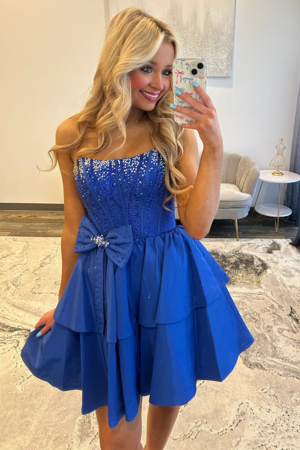 Strapless Royal Blue Tiered Homecoming Dress with Beading Bodice and Bow Detail