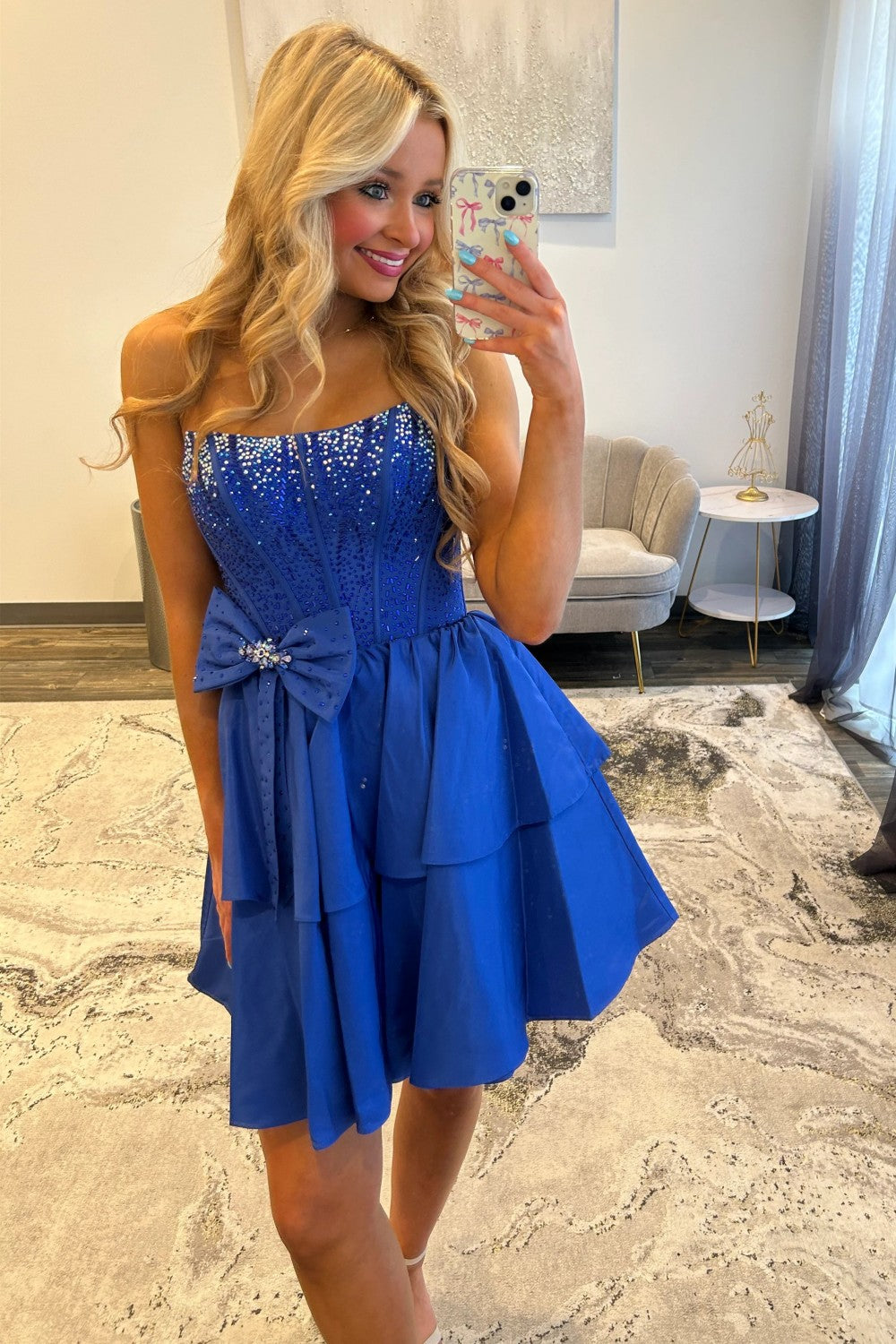 Strapless Royal Blue Tiered Homecoming Dress with Beading Bodice and Bow Detail