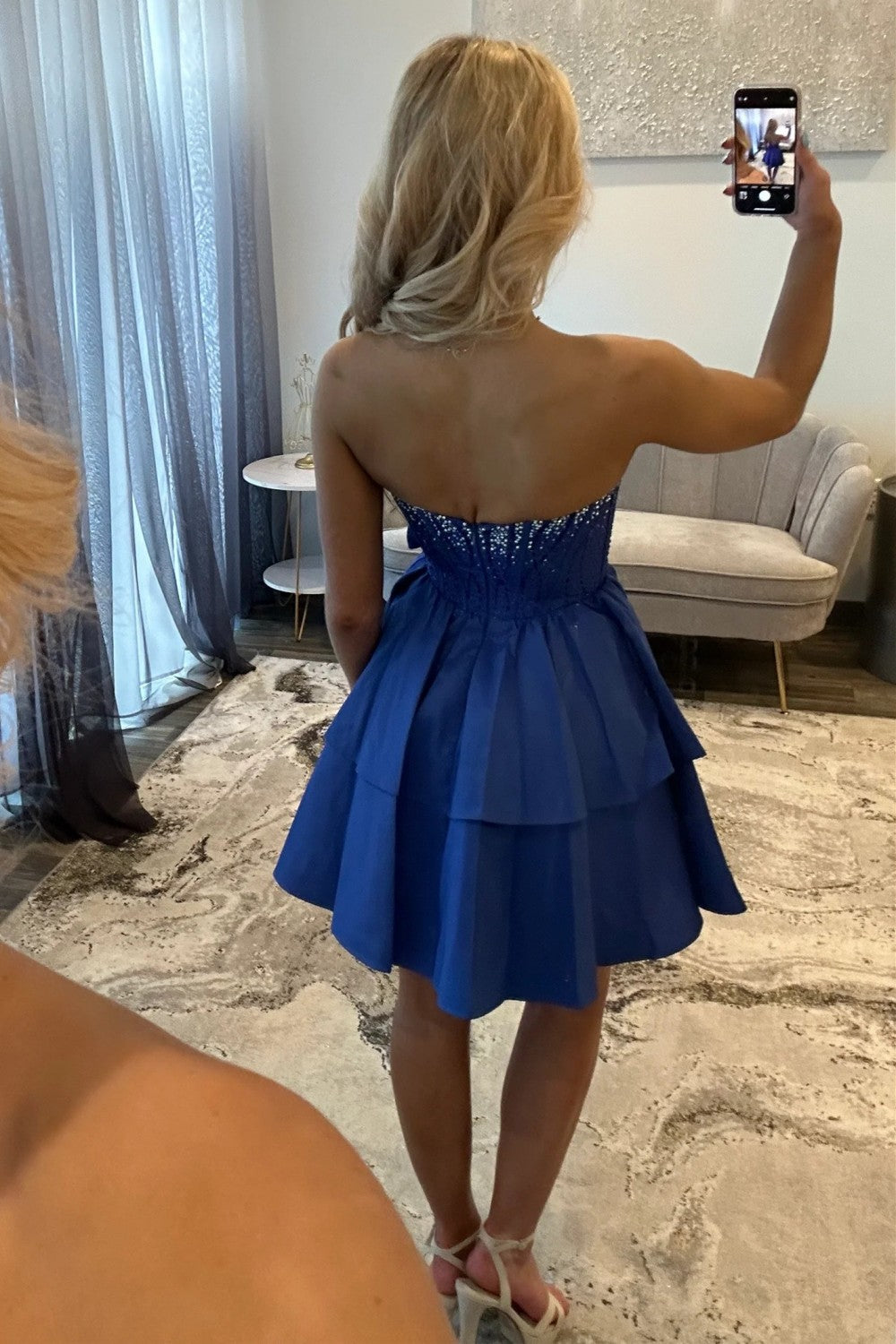 Strapless Royal Blue Tiered Homecoming Dress with Beading Bodice and Bow Detail