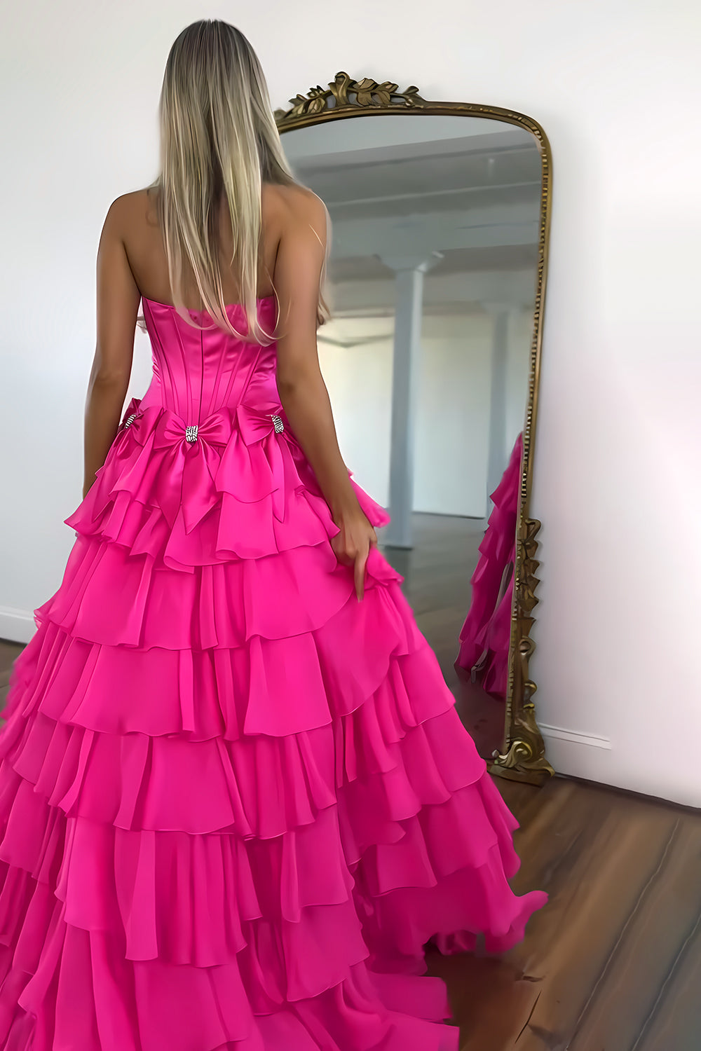 Strapless Tiered Princess A-Line Prom Dress with Slit and Bow