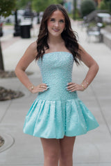 Strapless Mini Homecoming Dress with Pearl Embellished Bodice and Bubble Skirt