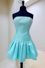 Strapless Mini Homecoming Dress with Pearl Embellished Bodice and Bubble Skirt