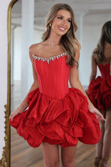 Pink Strapless Corset Bodice Bubble Skirt Mini Homecoming Dress with Crystal Trim