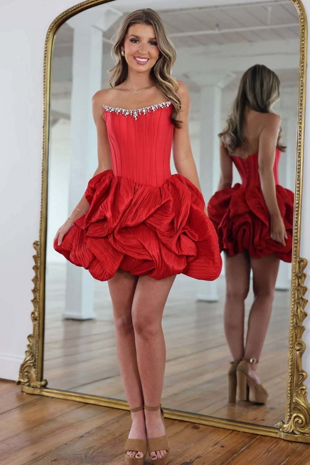Pink Strapless Corset Bodice Bubble Skirt Mini Homecoming Dress with Crystal Trim